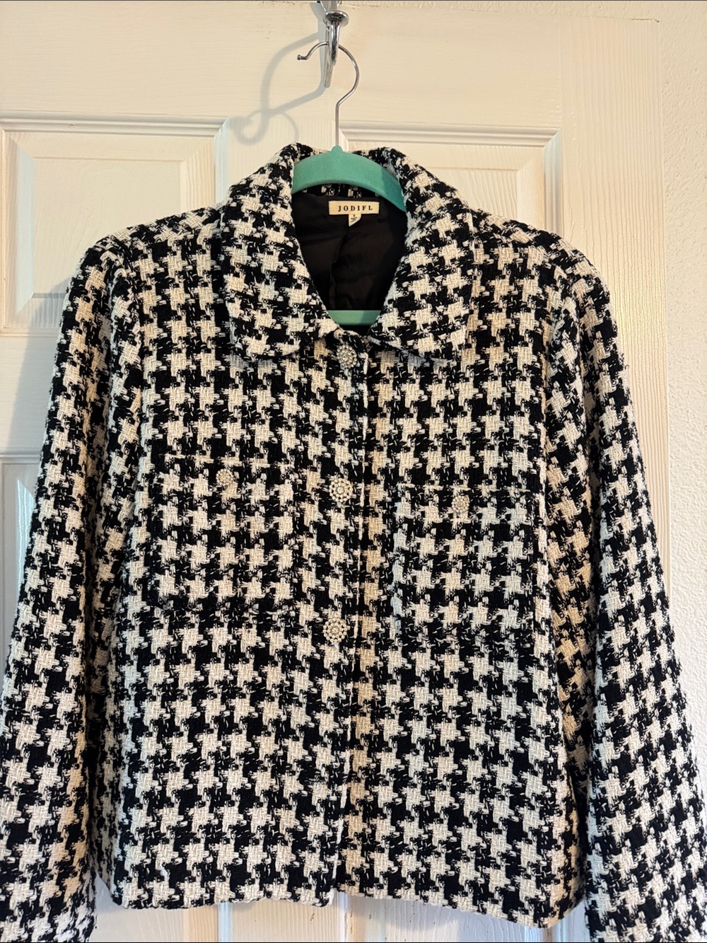 JODIFL Black and White Houndstooth Tweed Blazer Jacket